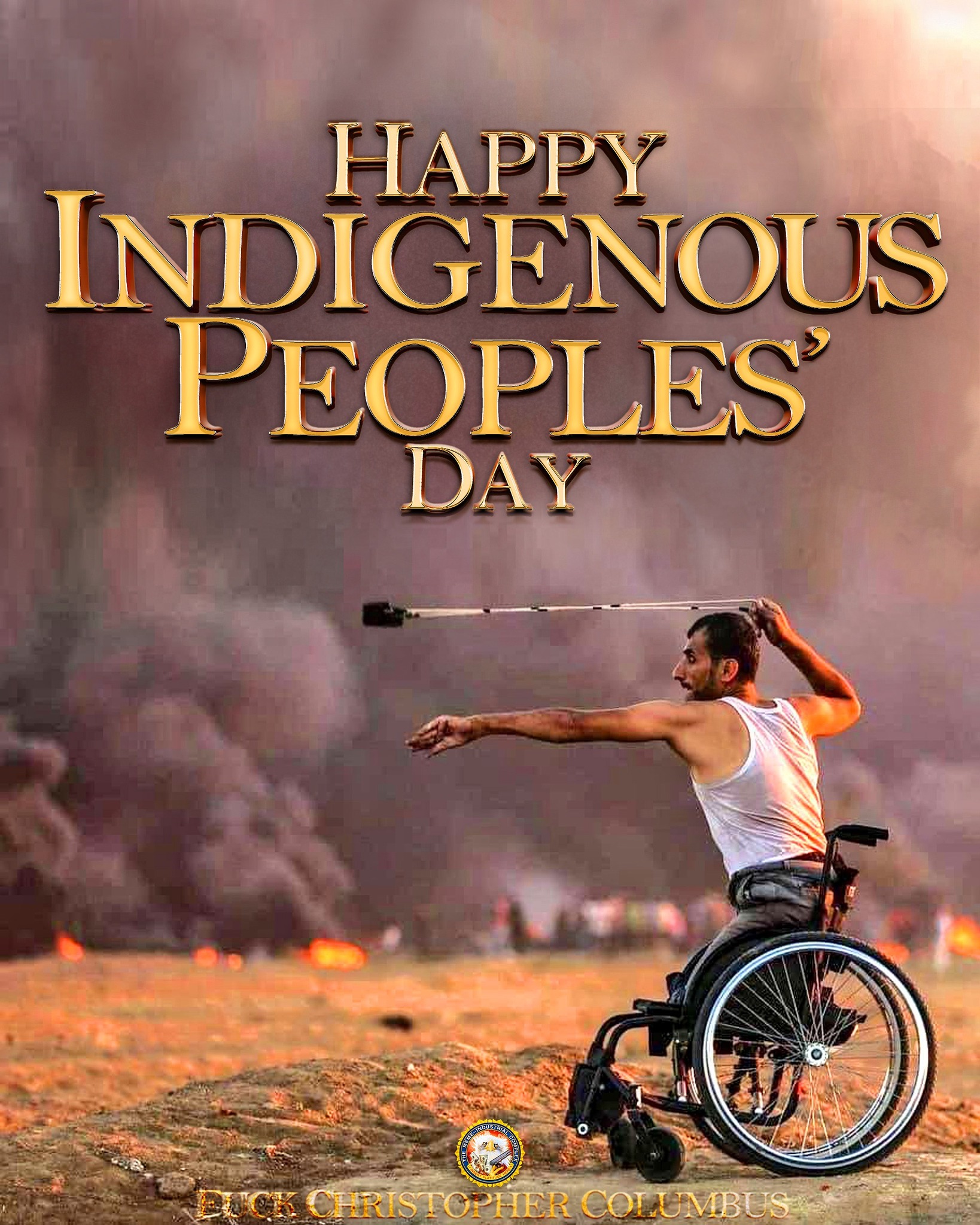 The meme is a humorous image of a man in a wheelchair, with a surprised expression, throwing a tomahawk at an unseen target. The image is captioned "Happy Indigenous Peoples' Day". The text at the bottom of the image reads "I'm not sure what's more traumatic, the genocide or the holiday".