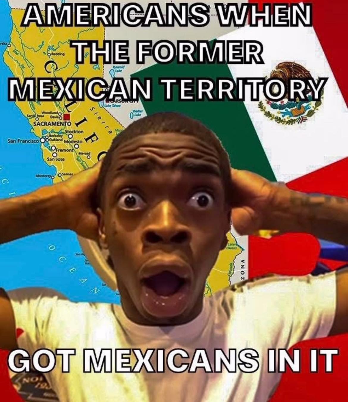 The meme is a humorous image that pokes fun at the stereotype that many Americans of Mexican descent are proud of their Mexican heritage. The image features a shocked or surprised face with the text "Americans when" at the top, followed by "The Mexican's in it" at the bottom. The meme is likely meant to be ironic or playful, implying that some Americans might be surprised or embarrassed to discover that someone they know is of Mexican descent.