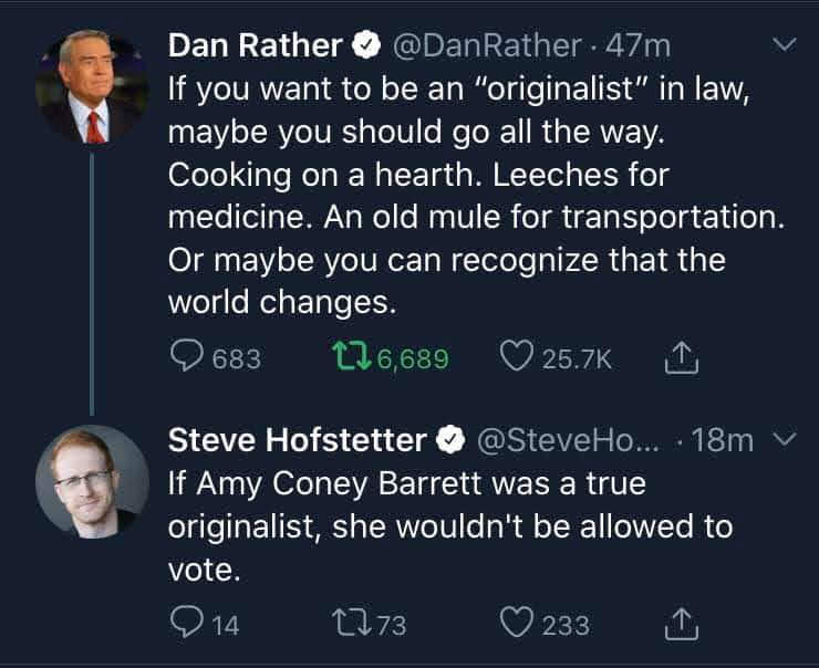 This meme is a humorous exchange between two Twitter users, Dan Rather and Steve Hofstetter. Dan Rather tweets a sarcastic list of "originalist" (a term for a judge who interprets the law as it was written) jobs he would want to be, including a "old mule" for transportation and a "leech" for medicine. Steve Hofstetter responds with a joke about a "leech" for medicine, implying that a "leech" for medicine is a "leach" (a person who takes something that doesn't belong to them).