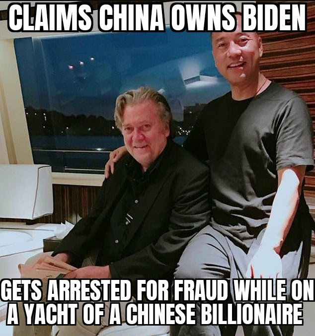 The meme is a joke about a news headline that combines two unrelated events. The text "CLAIMS CHINA OWNS BIDEN" is a play on the typical news headline format, but the second line "GETS ARRESTED FOR FRAUD WHILE ON A YACHT OF A CHINESE BILLIONAIRE" is a humorous and absurd twist on a typical news story. The implication is that the person being referred to (Biden) is somehow connected to a Chinese billionaire, and is being arrested for fraud while on the billionaire's yacht.