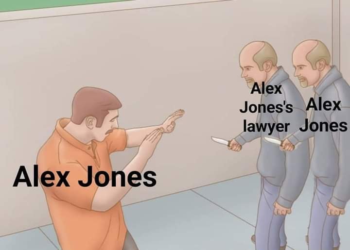 The meme is a play on the classic "good guy" vs. "bad guy" scenario. The image shows a man being shot by a person who is supposed to be a good guy, with the caption "Alex Jones" on the man's shirt. The shooter is labeled "Alex Jones' lawyer" and the man is labeled "Alex Jones", implying that the lawyer is actually the one who is supposed to be protecting Alex Jones, but is instead attacking him.