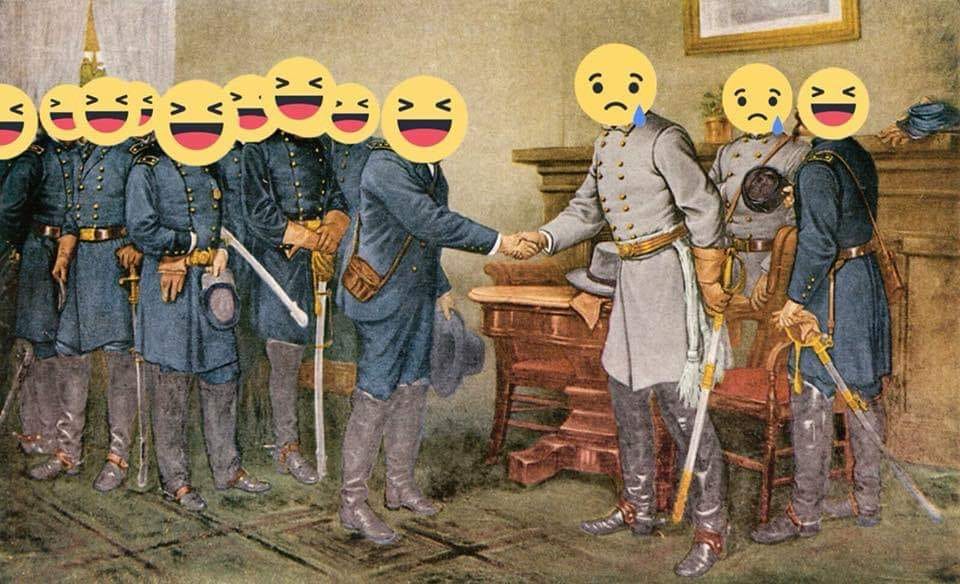 This meme is a still image from a historical painting of a group of soldiers shaking hands and exchanging horses, but with the faces of all the soldiers replaced with laughing emojis. The text "I never knew it was so hard to say goodbye" is written above the image, suggesting that the soldiers are struggling to part ways.