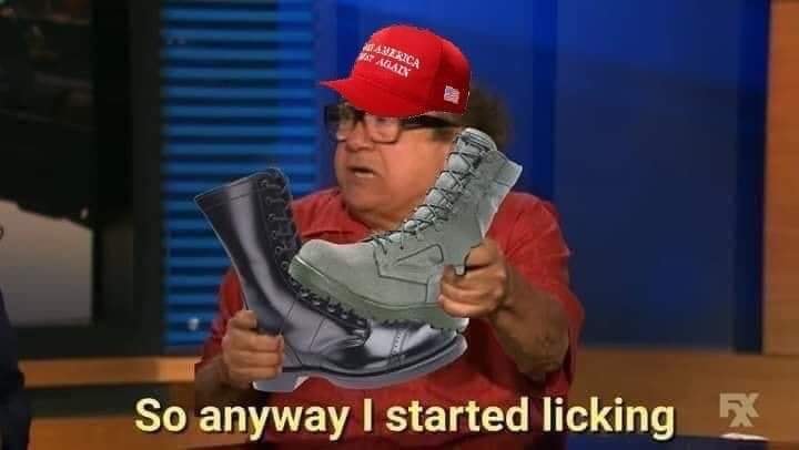This meme features a photo of Danny DeVito from the TV show "It's Always Sunny in Philadelphia" with a shocked expression. The text "So anyway I started licking this boot and" is overlaid on the image, but it is cut off, implying a humorous and unexpected story is about to be shared.