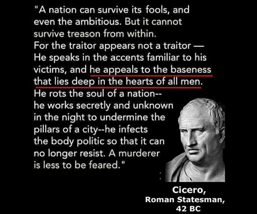 This meme is a humorous take on the ancient Roman philosopher Cicero's famous quote about the dangers of unchecked power and the importance of protecting the rights of citizens. The image features a quote from Cicero'...