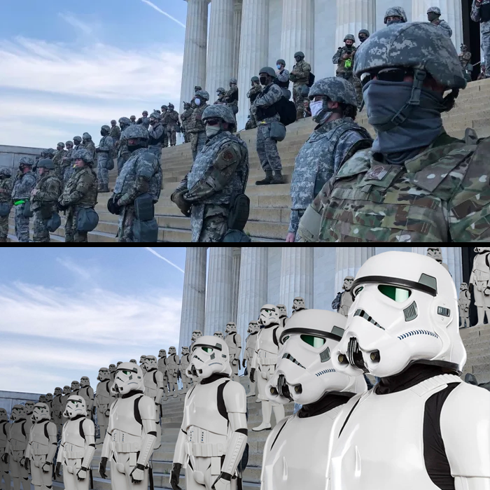 This meme is a split-image of two scenes. The top image shows a group of US Capitol Police officers standing in front of a crowd of protesters on January 6, 2021, during the Storming of the United States Capitol. The bottom image shows a group of Stormtroopers standing in front of a crowd of protesters on a planet in the Star Wars universe. The text "When the cops are outnumbered" appears above the top image, and the text "When the cops are in the right galaxy" appears above the bottom image.