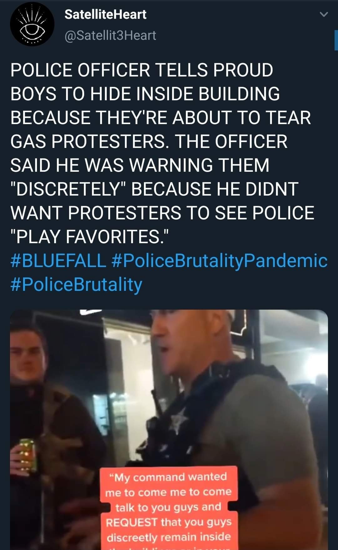 The meme is a screenshot of a police officer's response to a tweet from the police department's Twitter account. The officer is responding to a tweet that says "If you see police brutality, say something" and the officer is saying "If you see police brutality, say something... then run like hell". The text is accompanied by an image of a police officer holding a cup of coffee and a donut, with a caption "Just another day on the job".