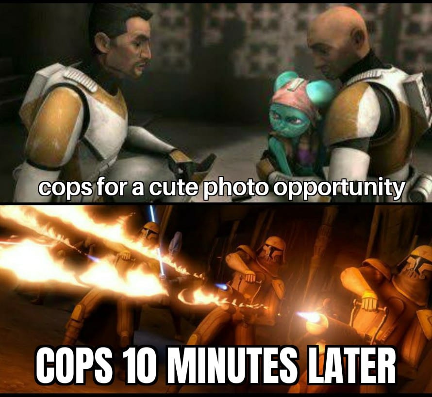 This meme is a humorous comparison between two images. The top image shows a character from the Star Wars franchise, Captain Rex, holding a young clone trooper and saying "In 2-3 sentences, describe this meme for someone who cannot see it." The bottom image shows the same character, but this time he's in a chaotic scene, saying "Cops 10 minutes later." The text in the top image is a tongue-in-cheek request to describe the meme, while the bottom image is a humorous exaggeration of what might happen if the situation escalated.