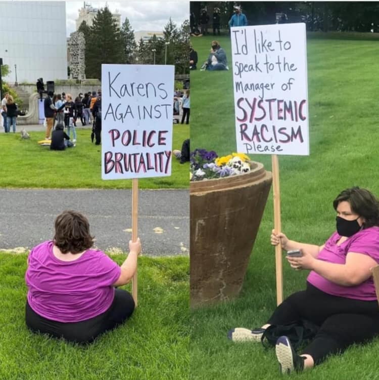 This meme is a split-screen image of two people holding protest signs. The left sign reads "Karens Against Police Brutality" while the right sign reads "I'd like to speak to the manager of systemic racism". The meme is likely poking fun at the idea that some people, often referred to as "Karens", are more concerned with complaining about minor issues than addressing deeper systemic problems.