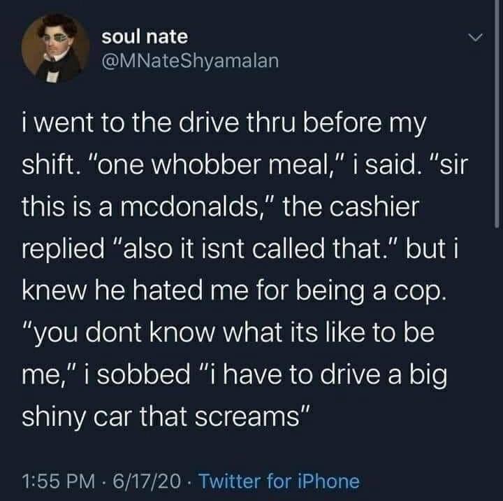This meme is a humorous example of a person's frustrating experience with a fast food restaurant. The text reads: "I went to the drive-thru and said 'I'd like to order a Whopper' and the cashier responded with 'It's your lucky day, this is the last one we have!'" The meme is a play on the phrase "It's your lucky day" being ironic, as the speaker is actually unhappy with the situation.