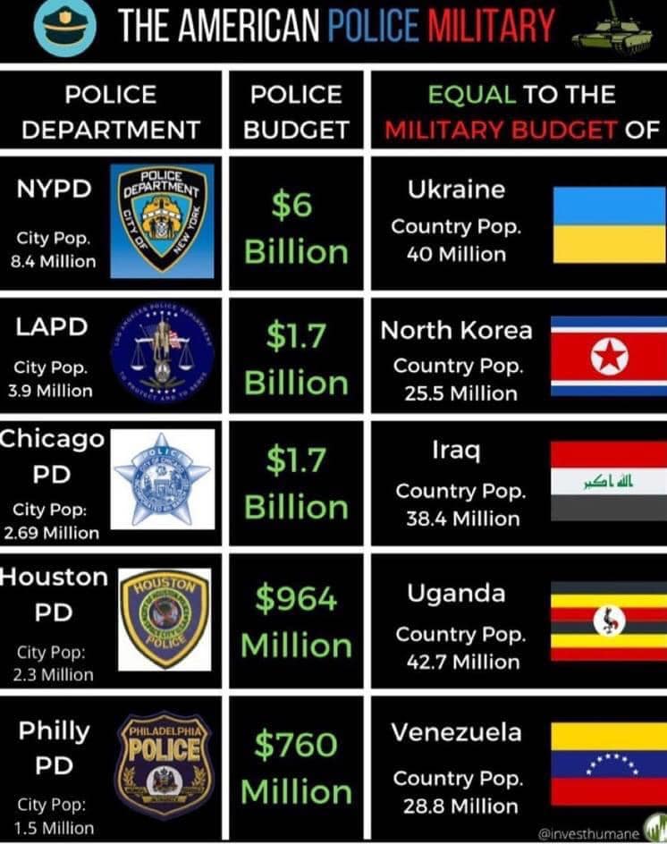 The meme is a humorous comparison of the budgets of various US police departments to the military budget of a country. The image lists several police departments, including the NYPD, LAPD, and Chicago PD, with their respective budgets, and then compares them to the military budgets of countries like North Korea, Iraq, and Uganda. The text at the top reads "The American Police State: Where the Police Budget is Equal to the Military Budget of..."