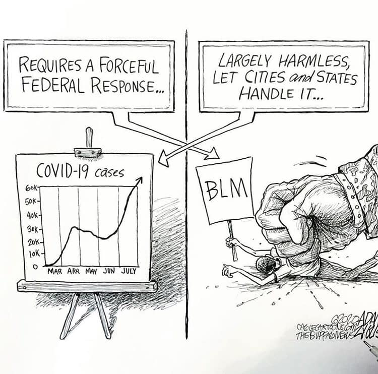 This meme is a play on the COVID-19 pandemic and the Black Lives Matter (BLM) movement. The image depicts a graph showing a sharp increase in COVID-19 cases, with a caption "COVID-19 cases: 1,000,000,000" and a red line indicating a massive spike. The text at the top reads "Requires a Forceful Federal Response" and at the bottom "But let's be real, it's just BLM protests that need to be handled with an iron fist".