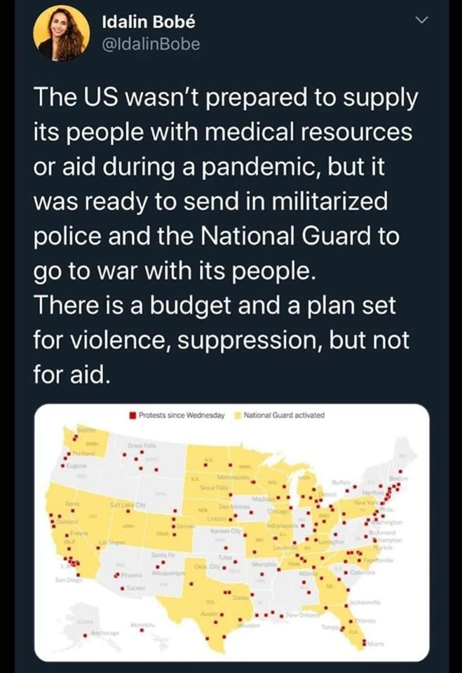 This meme is a humorous commentary on the US government's response to the COVID-19 pandemic. The image features a map of the United States with red dots marking areas where protests or riots occurred during the pandemic. The text accompanying the map reads: "The US wasn't prepared to send medical supplies or aid during a pandemic, but it was ready to send troops and police to suppress protests."