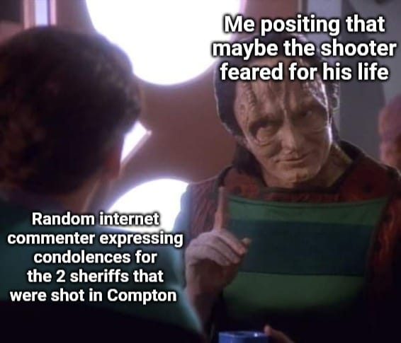 This meme is a screenshot of a Star Trek: The Next Generation character, Tuvok, with a deadpan expression. The text "I'm not reading the comments" is overlaid on his face, and the caption below reads "When the shooter's mom is trying to defend him". The meme is humorous because it takes a serious situation and turns it into a sarcastic, ironic commentary on online culture.