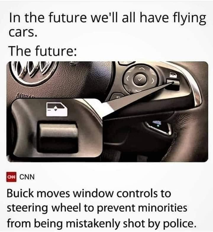 The meme is a humorous commentary on the future of technology. It starts with a quote from the movie "Back to the Future" where a character says "In the future, we'll all have flying cars." The meme then subverts this expectation by showing a photo of a car's steering wheel with a button labeled "auto-pilot" and a news headline that reads "In the future, cars will be able to drive themselves, but not without a few... accidents." The text in the image reads: "In the future, we'll all have flying cars. The future: [photo of a car's steering wheel with a button labeled 'auto-pilot']".