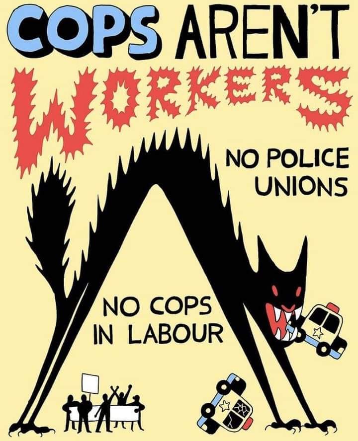 The meme is a play on the phrase "Cops are not workers" and features a cartoon image of a police officer with a hammer and anvil, symbolizing the idea that police officers are not part of the working class. The text "Cops aren't workers" is written above the image, and the phrase "In 2-3 sentences, describe this meme for someone who cannot see it" is written below, in a humorous and ironic nod to the request.