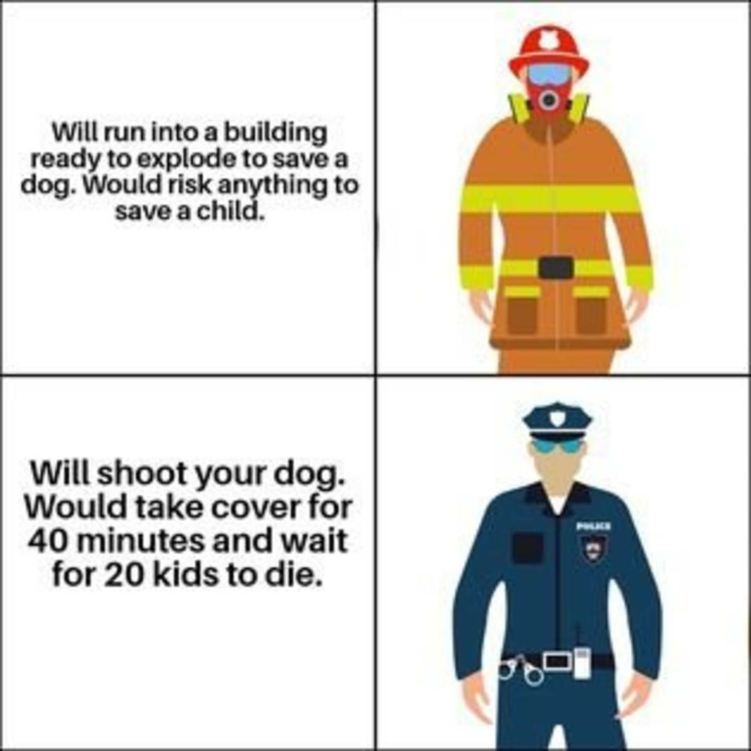 This meme is a humorous comparison between two extreme scenarios. It presents a split-screen image with a firefighter on the left and a police officer on the right. The text on the left reads, "Will run into a burning building to save a child," and the text on the right reads, "Will shoot your dog."