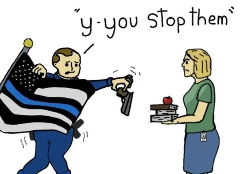 This meme features a cartoon of a police officer, typically depicted as a conservative or authoritarian figure, being challenged by a teacher. The text "You're not the boss of me" is written above the officer, while the teacher responds with "Actually, I am" and "You're not the boss of me" is crossed out, replaced with "Actually, I am". The meme pokes fun at the idea that authority figures are often challenged by others in positions of power.