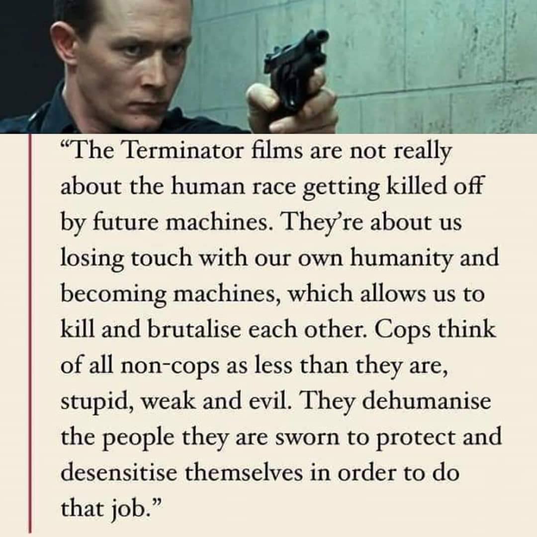 The meme is a humorous commentary on the 1995 film "Terminator 2: Judgment Day" and the 2015 film "Sicario". The image shows a quote from the film "Sicario" where the character of Matt Grader says "The Terminator films are not about machines vs. humans, they're about us vs. us". The text is overlaid on an image of Arnold Schwarzenegger from the "Terminator" franchise.