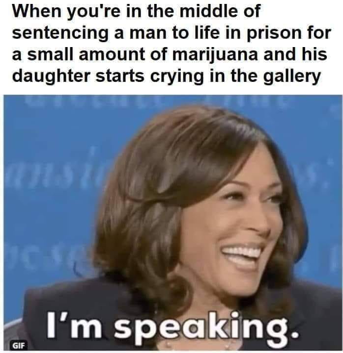 This meme is an image of a person laughing, with the text "In a courtroom, when the judge asks the defendant why they were crying during their sentencing" above it. The image is captioned "When you're in the middle of sentencing a man to life in prison for a small amount of marijuana and his daughter starts crying in the courtroom".