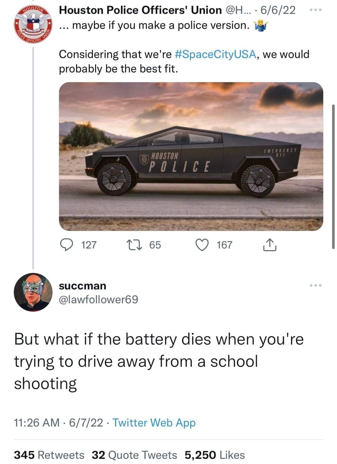 The meme is a play on words that combines the idea of a police car with the futuristic vehicle from the movie Blade Runner. The text "In space, no one can hear you scream" is replaced with "In space, no one can hear you crash" to make a humorous reference to the classic movie quote. The meme is likely a joke about the absurdity of a police car in space, and the humor comes from the unexpected twist on the classic quote.