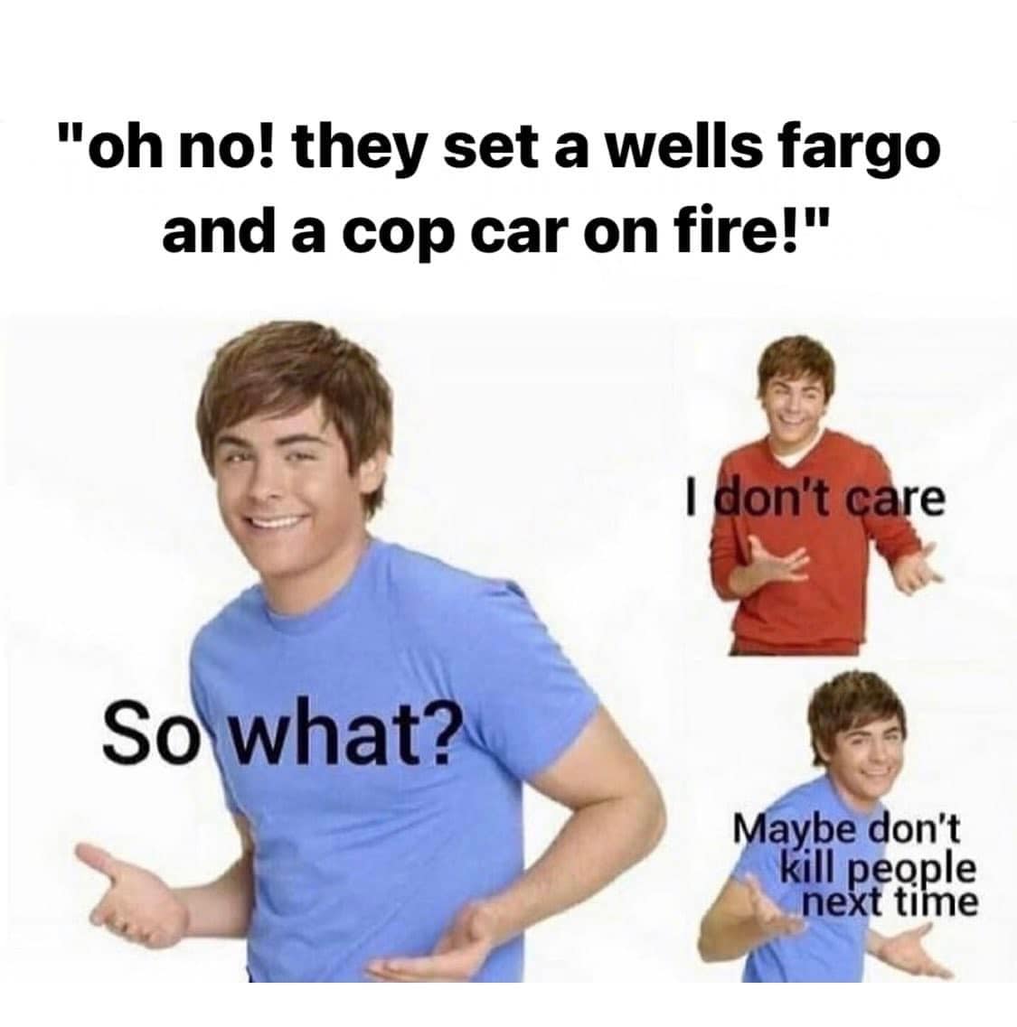 This meme is a humorous take on a common phrase "I don't care" and its exaggerated response. The image shows a person responding to a shocking statement with an absurdly casual attitude, implying that even a catastrophic event like a plane crashing into a building is not worth worrying about. The text "I don't care" is repeated in a playful, exaggerated manner, with the phrase "I don't care" appearing multiple times in the image.