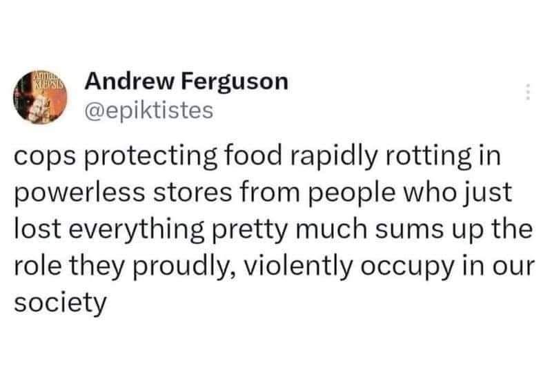 This meme is a humorous commentary on the contrast between the ideals of law enforcement and the harsh realities of their work. The text reads: "Cops: protecting and serving. In reality: cops: protecting food, serving drinks, and occasionally shooting people." The image is likely a humorous illustration or a screenshot with a caption or a quote that highlights the disparity between the idealized role of police officers and the harsh realities of their work.