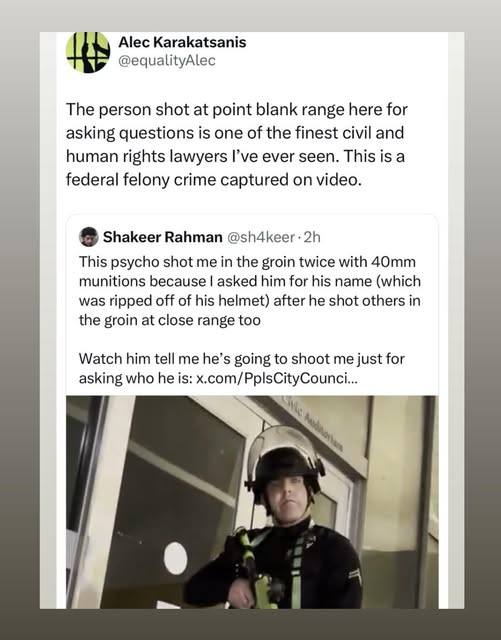 The meme is a screenshot of a Twitter conversation between two users. The top tweet is from @AlecKarakatsanis, a lawyer, who says "the person shot at point blank range is asking for questions like it's a job interview". The bottom tweet is from @ShakeerRahman, who responds with a sarcastic comment about the situation.