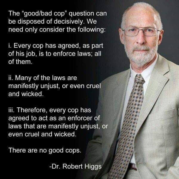 This meme is a humorous commentary on the police force, using a quote from the book "The Book of the New Sun" by Gene Wolfe. The quote, which is presented in a mock-legal style, argues that the police are not inherently good, but rather a necessary evil. The text reads: "The only thing necessary for the triumph of evil is for good men to do nothing. But in this case, not even evil men are required. The police will do."