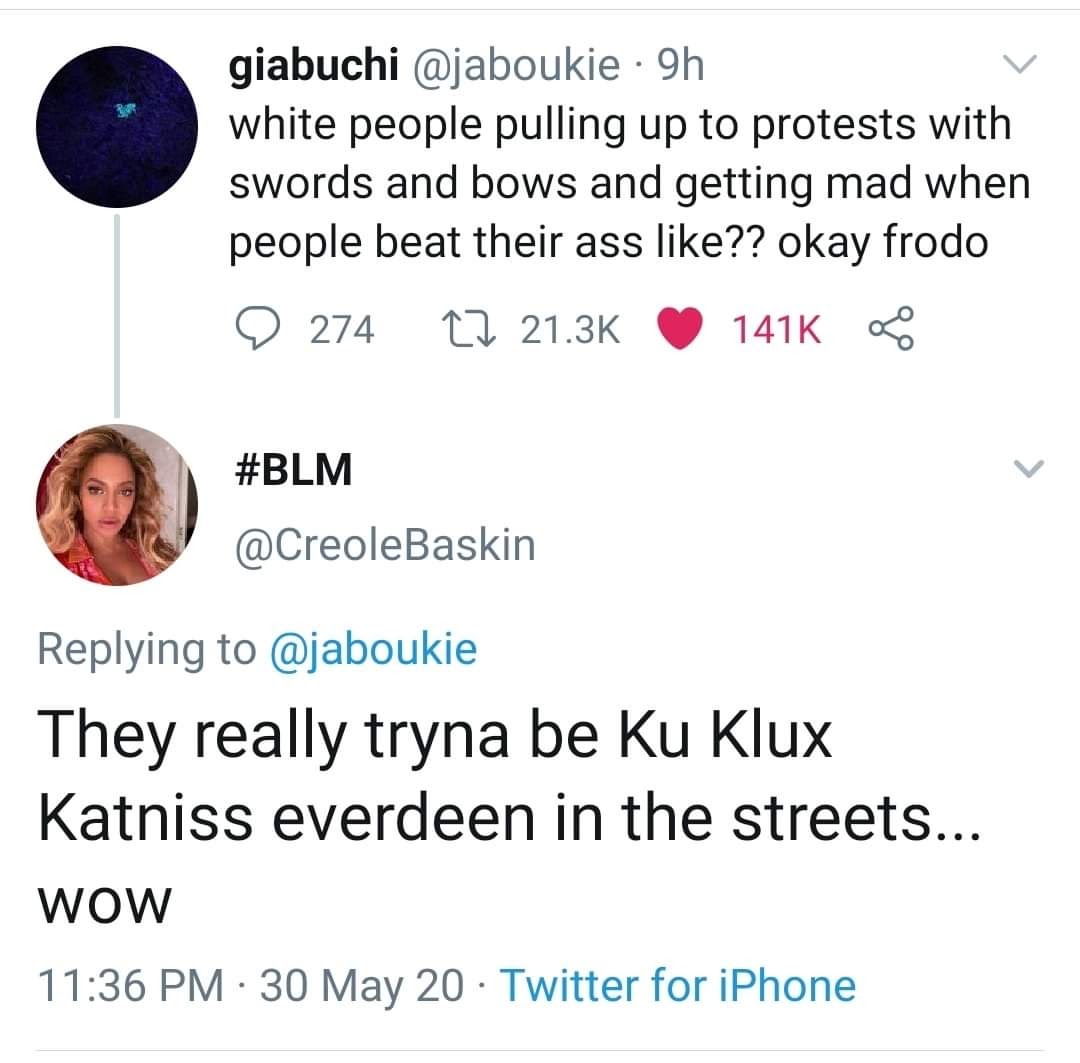 This meme is a screenshot of a Twitter conversation between two users. The top tweet reads: "white people protesting with swords and bows and getting mad when people beat their ass like?" The bottom tweet responds with "they really think they'd last 5 minutes in Westeros".