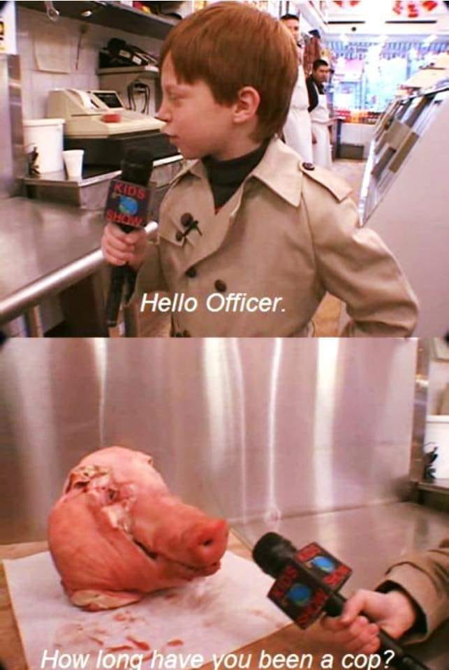 The meme features a child interviewing a police officer in a kitchen setting. The child asks the officer, "In 2-3 sentences, describe what you do," and the officer responds, "I uphold the law, protect citizens, and serve my community." The meme then shows the child asking, "In 2-3 sentences, describe what you do," and the officer responding, "I kill pigs and eat ham sandwiches."