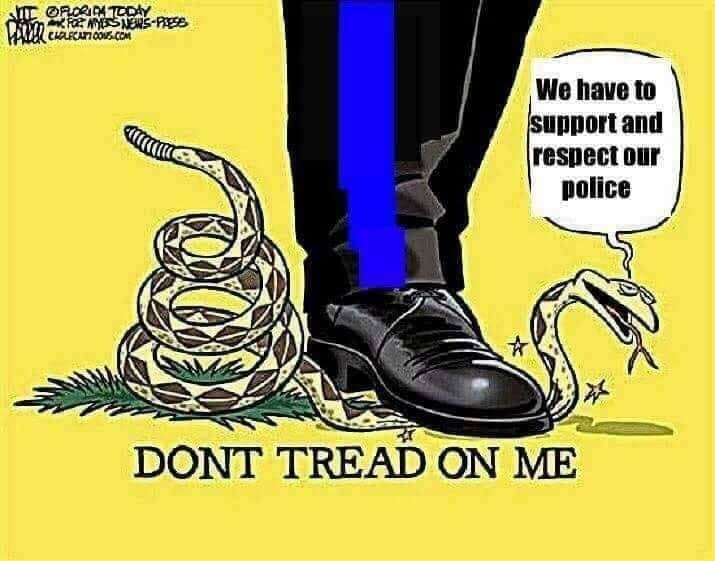 This meme is a satirical image that combines two different cultural symbols: the "Don't Tread on Me" flag, which is a patriotic American flag with a snake and the phrase "Don't Tread on Me", and a police officer's boot with a snake wrapped around it. The text "We have to respect the officers" is written above the officer's boot, but the snake is eating the officer's boot, implying that the officers are being "tread on" by the snake. The image is a commentary on the relationship between law enforcement and the public, suggesting that the officers are being "tread on" by the public's distrust and anger.