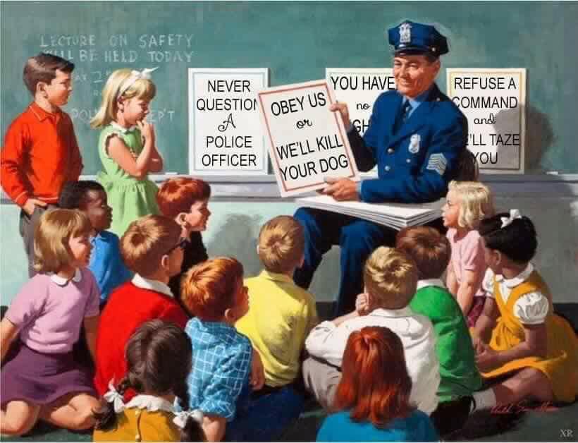 This meme features a classic illustration of a police officer reading a children's book to a classroom of students. The officer is holding up a page with a text that says "You have to say please", but the next page is turned to reveal a more sinister message: "You have to say please... or we'll kill your dog".