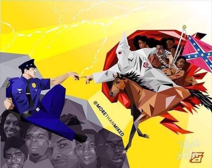 This meme is a play on the classic "David" painting by Michelangelo, but with a humorous twist. The image depicts a police officer, dressed in a suit and tie, instead of a classical hero, and is about to strike down a giant statue of a person wearing a Ku Klux Klan hood and holding a Confederate flag, with the caption "I can stop this".