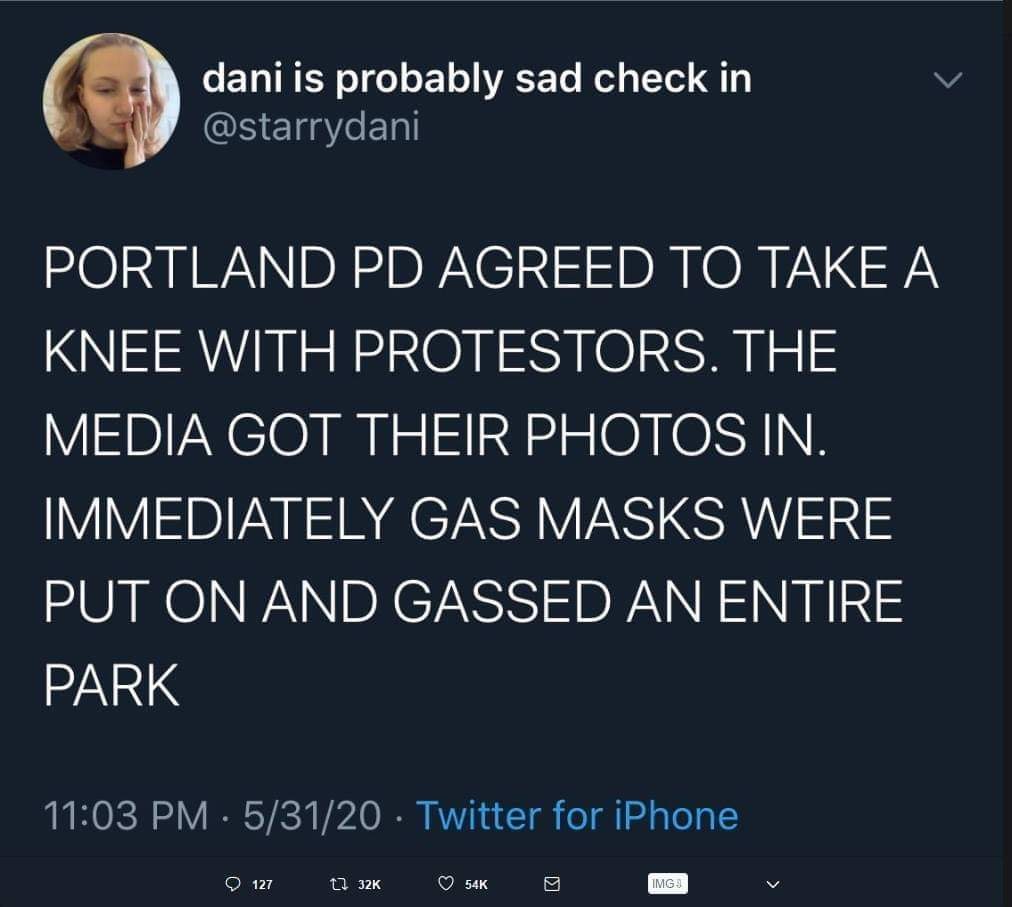 This meme is a humorous take on the 2020 Black Lives Matter protests in Portland, Oregon. The image shows a screenshot of a Twitter post that reads: "Portland police are declaring themselves a terrorist organization." The post is a satirical commentary on the police's response to the protests, implying that they are treating the protesters as enemies, rather than citizens.