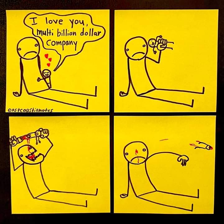 This meme is a humorous illustration of a person's emotional response to a breakup. The image depicts a person on the ground, surrounded by blood, with a thought bubble saying "I love you, but I love my company more." The text is a darkly comedic commentary on the prioritization of financial interests over personal relationships.