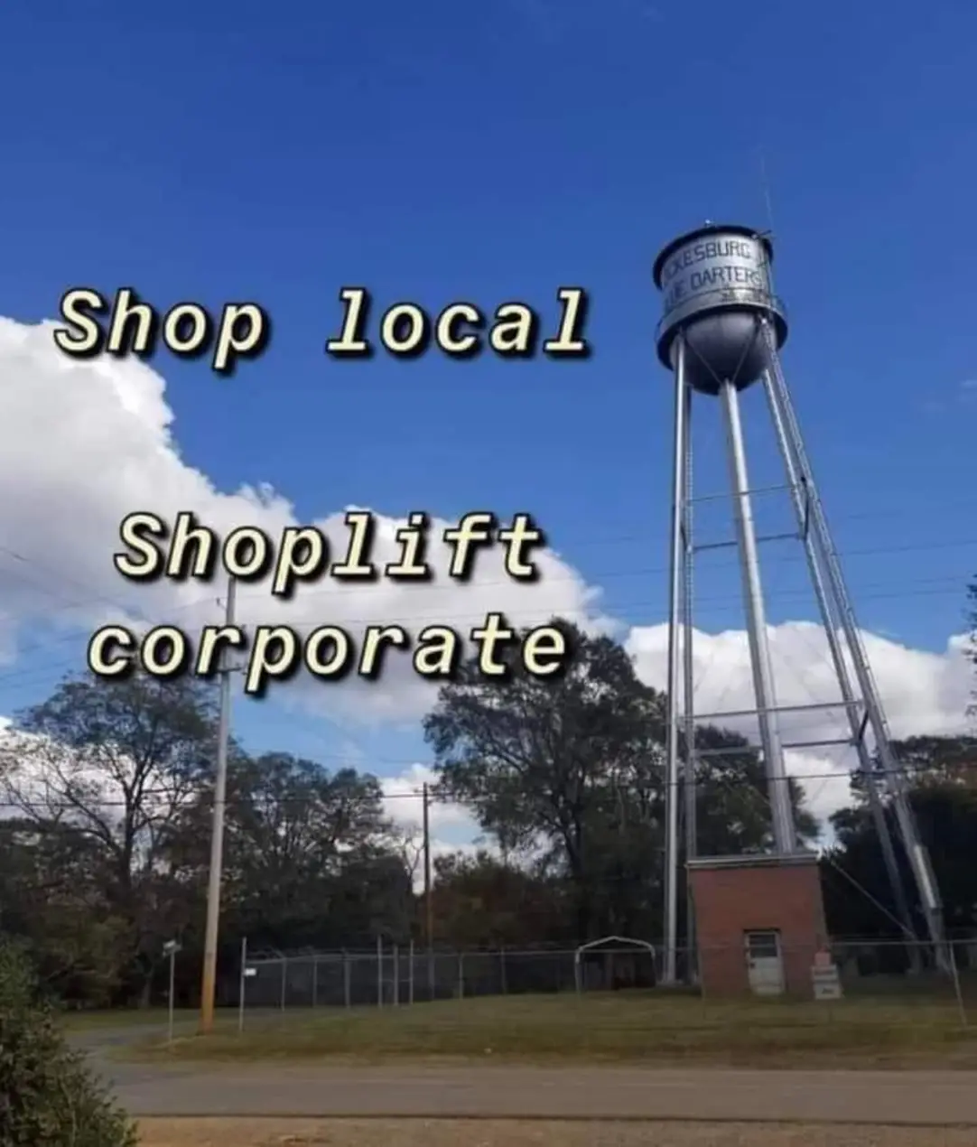 This meme is a play on the phrase "shop local" and the term "shoplift." The image features a sign that says "Shop Local" in front of a store, but the text has been modified to read "Shoplift" instead. The caption "Shop Local" is then replaced with "Shoplift" in a similar font, implying that the store is actually encouraging customers to steal from them.