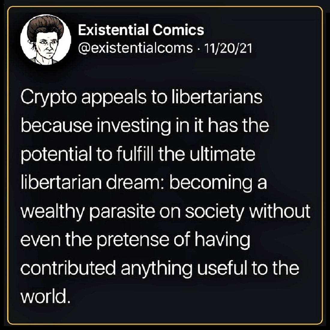 The meme is a humorous comparison between cryptocurrency (specifically Bitcoin) and a 19th-century French philosopher, Charles Baudelaire. The text reads: "Crypto is like Baudelaire's 'The Raven' but instead of a raven, it's a blockchain that's always tweeting 'nevermore'."