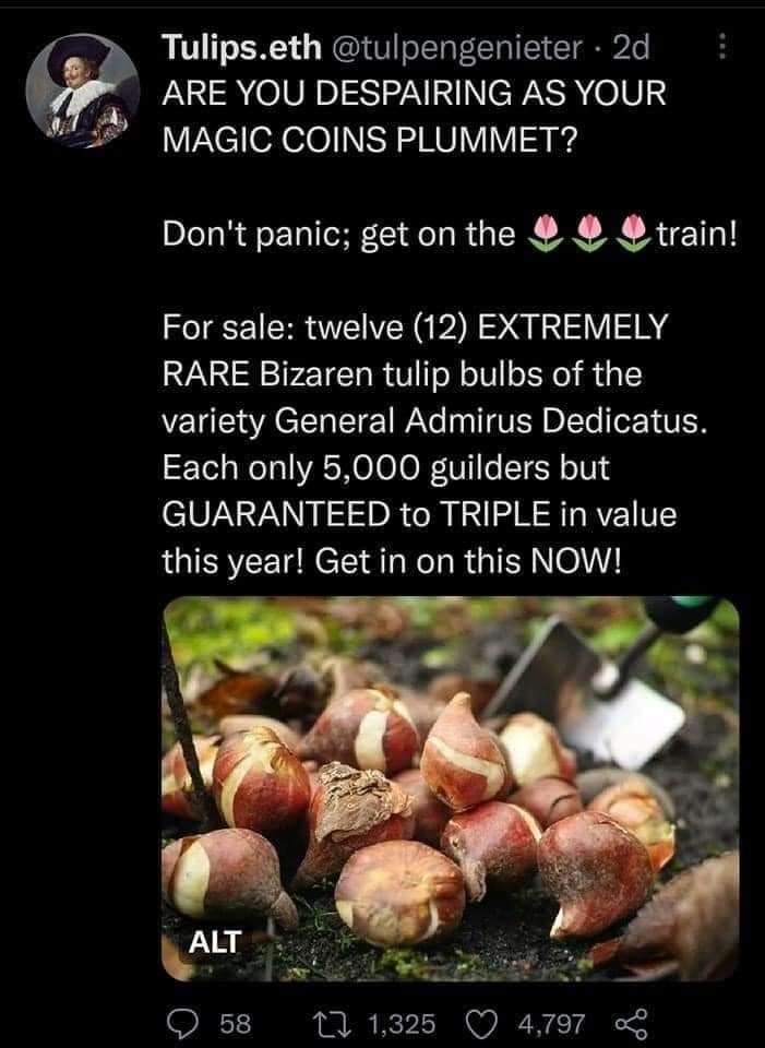 The meme is a screenshot of a Twitter post that reads: "In a world where everything is a meme, I am a meme, therefore I meme." Below the text, there is a picture of a dead tree with a few branches, and a caption that says "I can meme, but I'm dead."