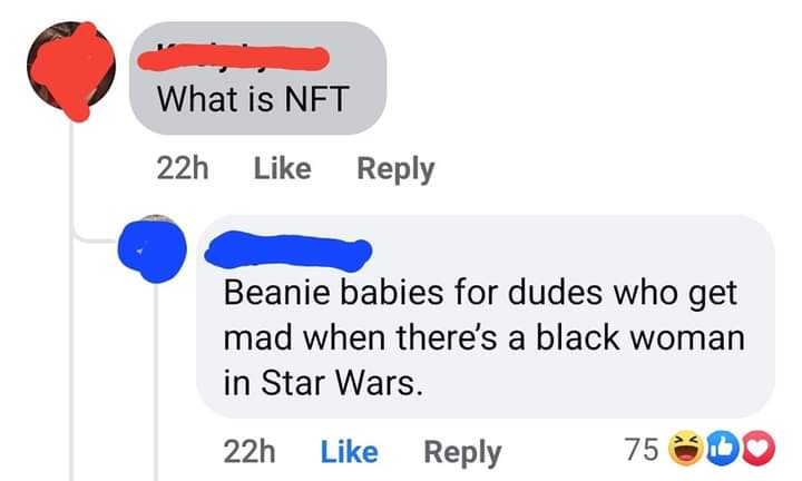 The meme is a screenshot of a Reddit comment section. The top comment reads "What is NFT" and is followed by a response that says "In 2-3 sentences, describe this meme for someone who cannot see it. Include any text that appears in the image." The response is then followed by a comment that says "Beanie babies for dudes who can't afford cars".