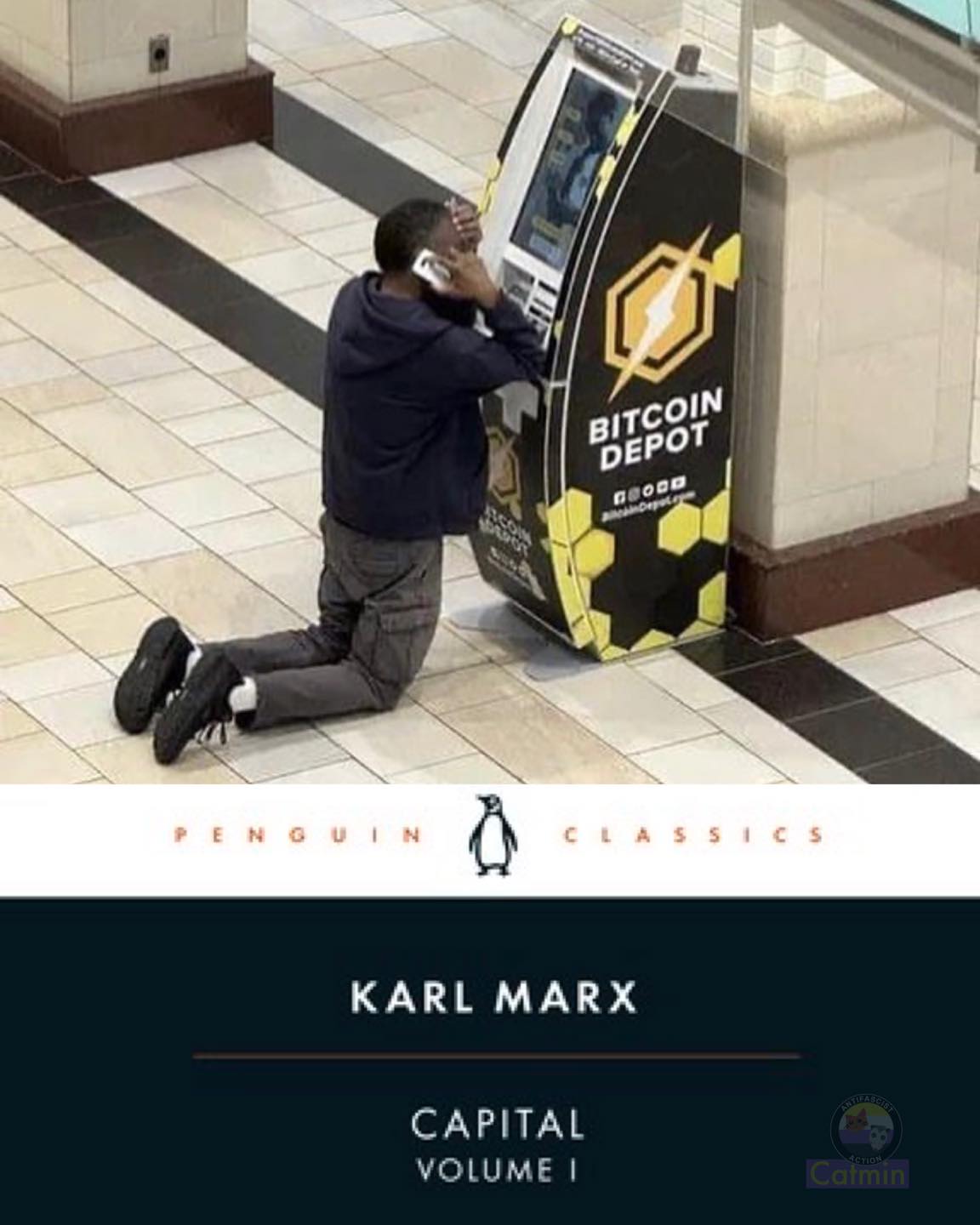 The meme is a screenshot of a person sitting at a Bitcoin ATM, with a caption "I can explain supply and demand to you, but I'm not sure I understand why I just spent $10,000 on this machine". The image shows a person sitting on the floor, staring at the ATM with a confused expression, and the machine is displaying a message that says "Transaction failed. Please try again".