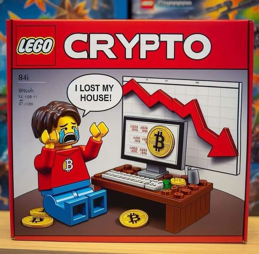 The meme is a satirical representation of the cryptocurrency market's volatility and the financial losses it can cause. The image features a Lego figure of a person who has invested in cryptocurrency and is now crying...