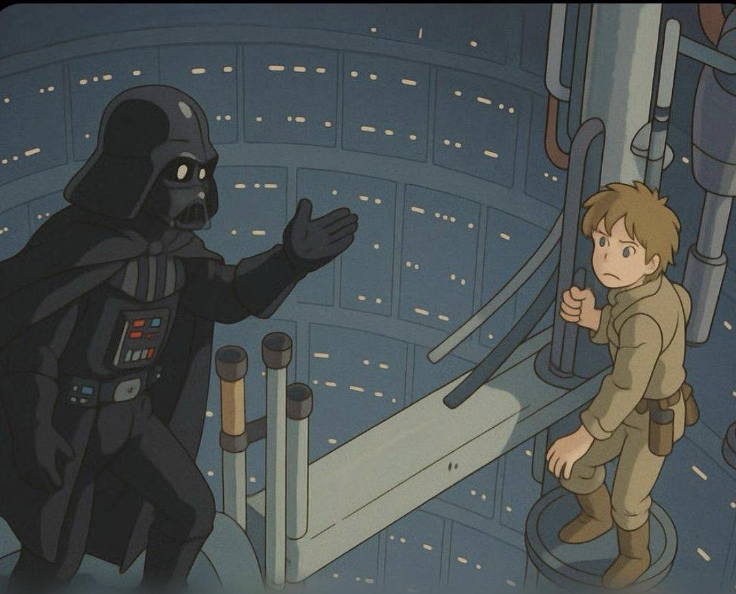 This meme is an image of a scene from the 1983 film "The Empire Strikes Back" where Darth Vader is standing in front of a young Luke Skywalker on the Death Star. The image has been altered to show Darth Vader as a child, and the text "I am your father" has been changed to "I am your son". The meme is a humorous take on the classic Star Wars line, suggesting that Vader's revelation to Luke is actually a father-son confession.