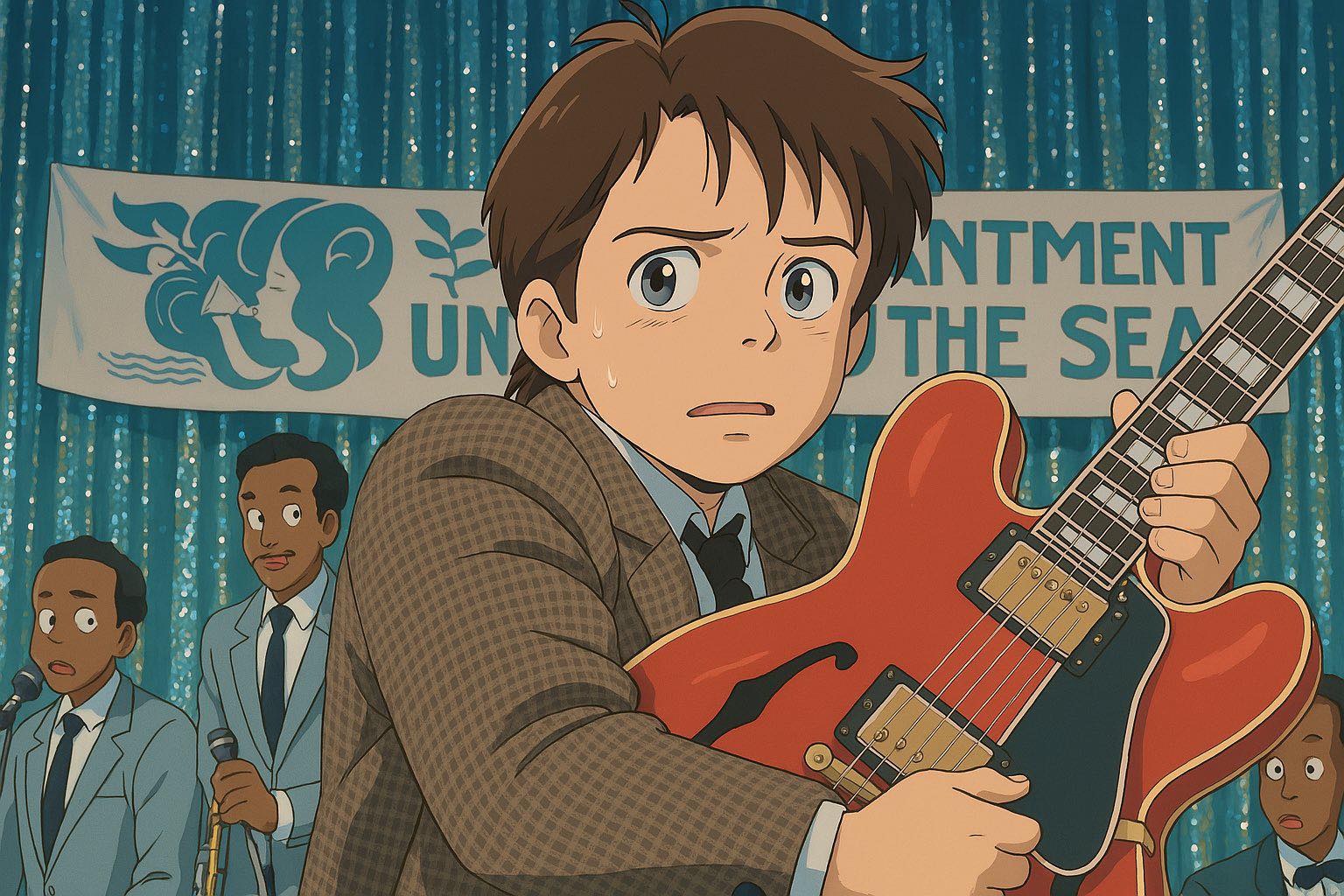 The meme is an image of a character from the Studio Ghibli film "When the Wind Blows", who is playing a guitar on stage. The text "I'm not a good musician" is written above the image, and the character's face is contorted in a mixture of fear and embarrassment. The image is likely being used to express the feeling of being a bad musician or making a mistake in a public performance.