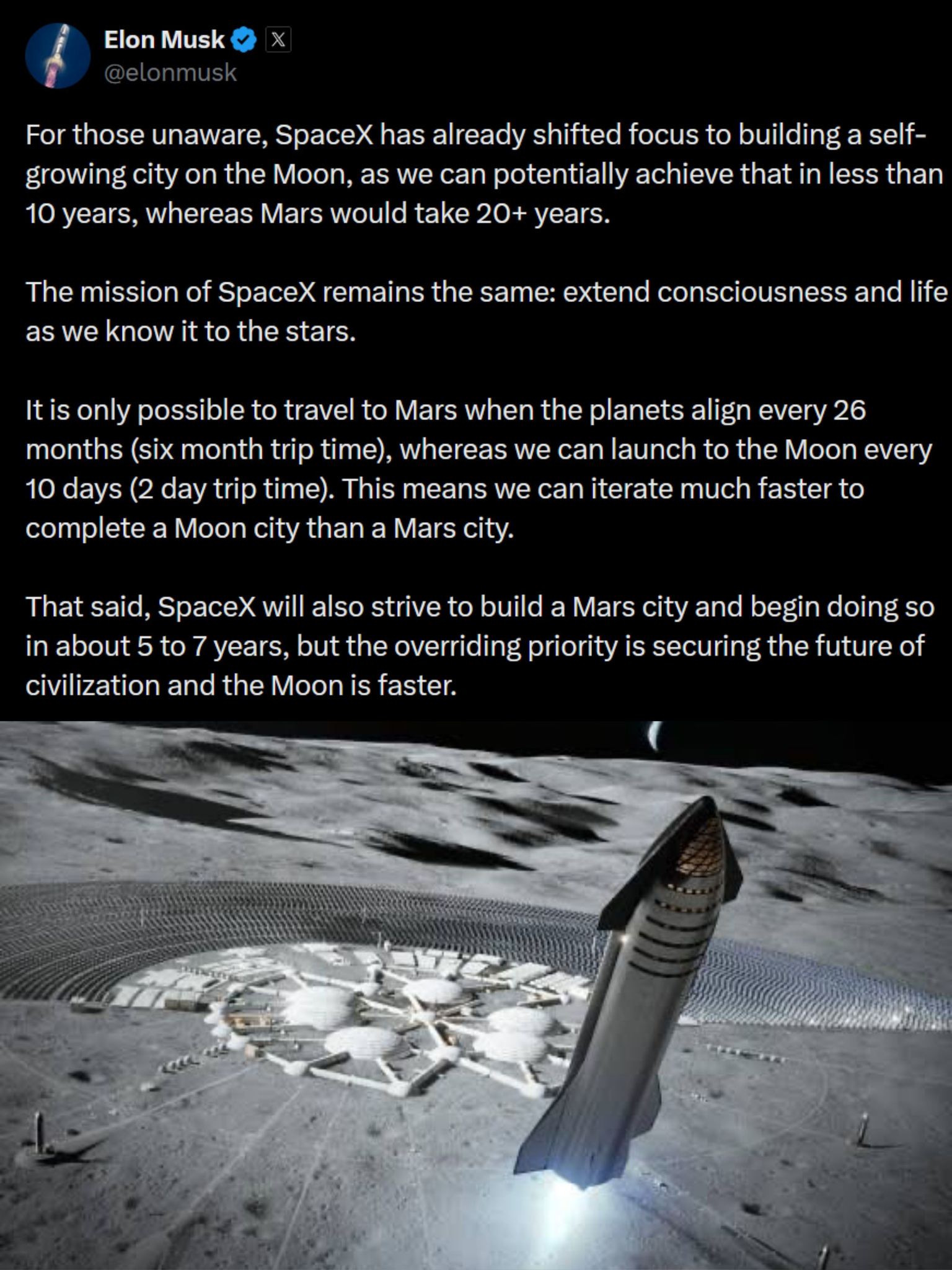 This anti-Elon meme mocks his timeline claims by highlighting that he predicts a self-growing city will be built on the Moon in less than 10 years, whereas Mars would actually take 20+ years to complete a city. The te...