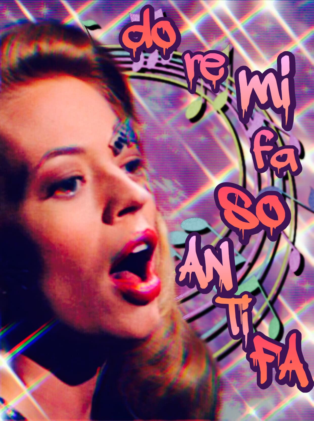 The meme is a screenshot of a video of Lady Gaga singing "Poker Face" with a distorted, glitchy effect. The text "do re mi fa so la ti do" is written in a bold, graffiti-style font, and the words "so la ti do" are highlighted in a bright, flashing color. The overall effect is a playful, tongue-in-cheek nod to the classic musical instruction phrase.