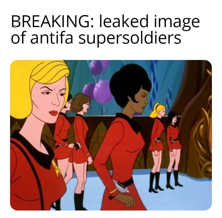 This meme is a humorous image of a Star Trek character, Captain Jean-Luc Picard, with a caption that says "BREAKING: leaked image of antifa supersoldiers". The image is likely a humorous mashup of Star Trek characters with antifa (anti-fascist) imagery, poking fun at the idea of a group of "supersoldiers" from a sci-fi franchise being associated with a left-wing activist movement.