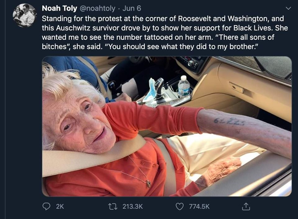 The meme is a picture of a 90-year-old woman, likely a Holocaust survivor, who is sitting in a car with a "Don't Vote" sticker on her forehead. The text above the image reads: "In 1933, I lost my family to the Nazis. In 2020, I lost my country to the Leftists."