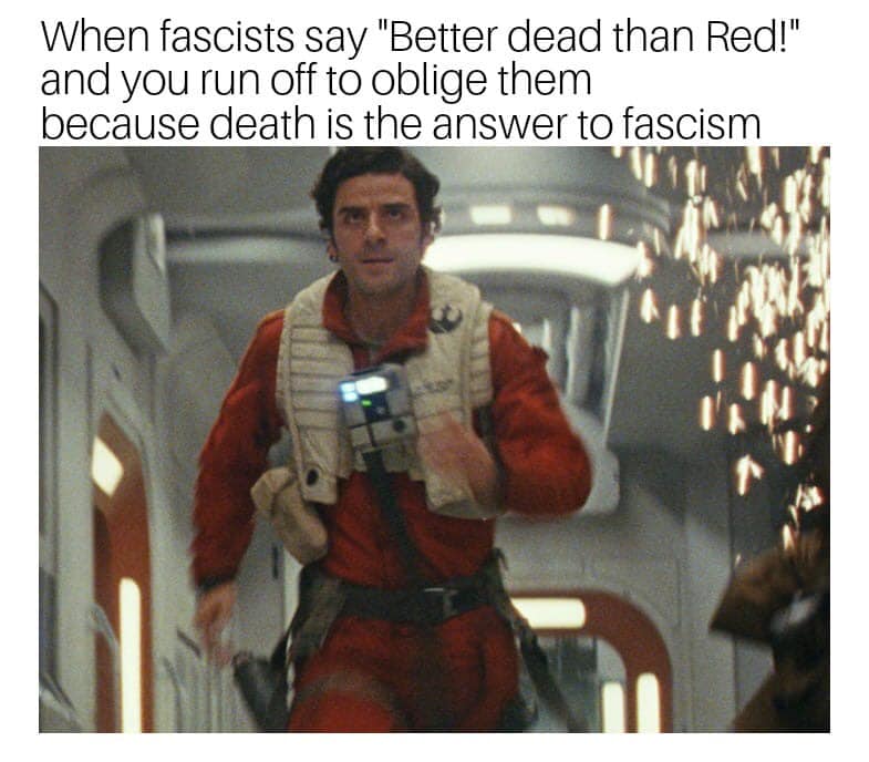 This meme is a humorous take on the infamous "I find your lack of faith disturbing" line from the Star Wars franchise. The image shows a character from the movie Rogue One, Captain Cassio Stark, dressed in a red flight suit, with the caption "When you finally understand the true meaning of 'Red' in Star Wars".