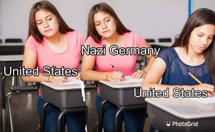This meme is a humorous comparison between the United States and Nazi Germany. It shows a split-screen image of two students sitting in a classroom, with the caption "United States" on one side and "Nazi Germany" on the other. The text "I'm not arguing, I'm just explaining why I'm right" is written across the top, implying that the US student is being confrontational and argumentative, while the Nazi Germany student is simply explaining their perspective.