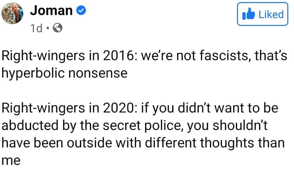 This meme is a humorous commentary on the changing attitudes of the far-right in the UK. The image shows two tweets side by side, one from 2016 and one from 2020. The 2016 tweet says "Right-wingers in 2016: we're not fascists, we're just... enthusiastic about freedom!" The 2020 tweet says "Right-wingers in 2020: if you don't want to be arrested, don't think about freedom."